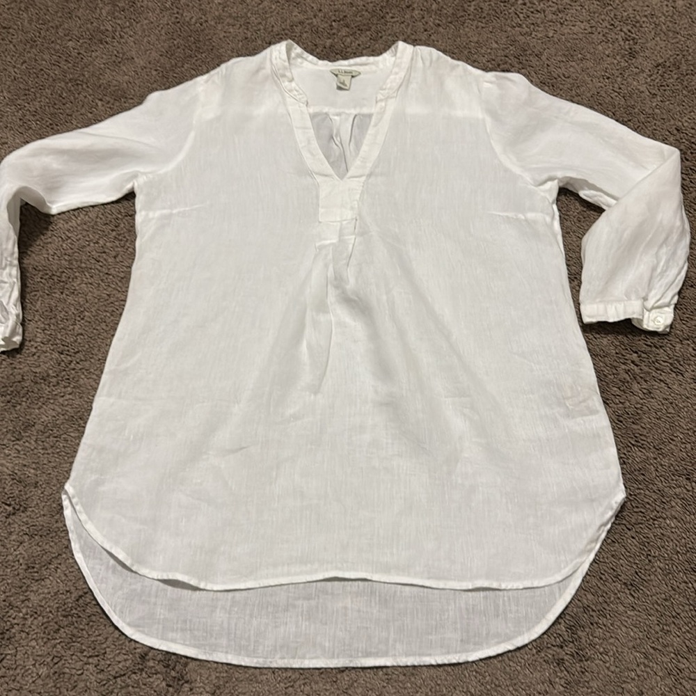 L.L. Bean 100% Linen Tunic Blouse-Sz S-White-V Neck Detail-Pop Over Style-EUC - Picture 10 of 16